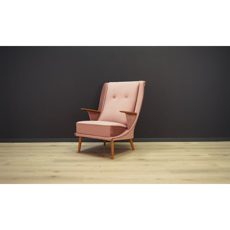 Vintage grey velvet and teak armchair, Denmark, 1960-70s