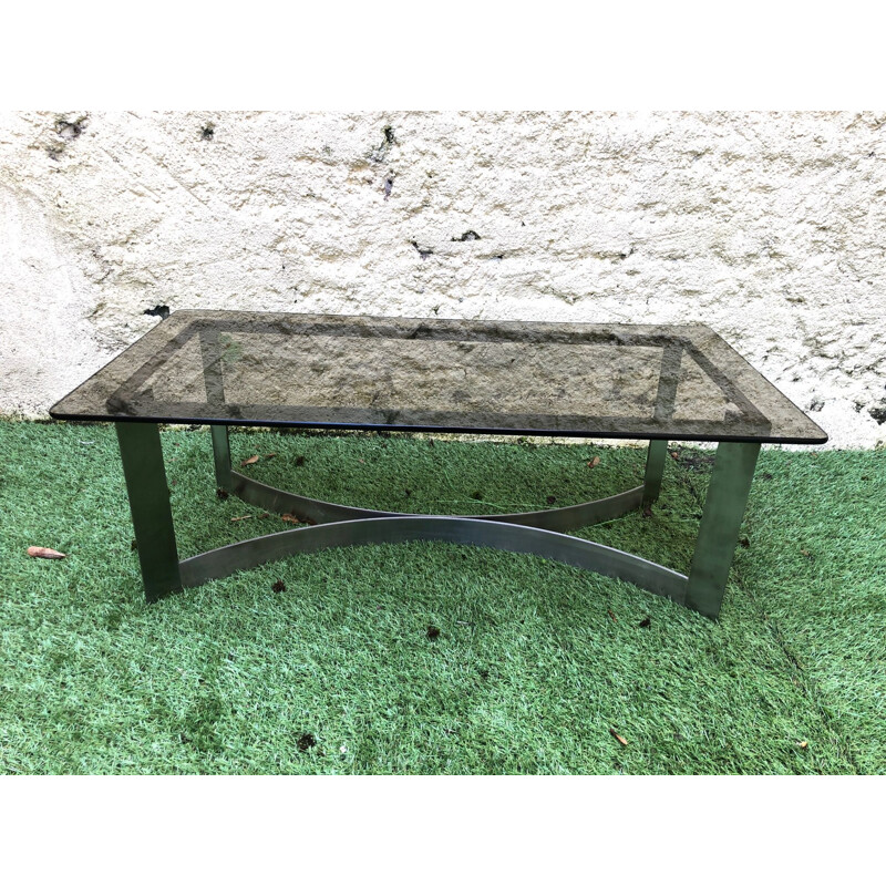 Vintage coffee table in smoked glass and brushed steel by Legeard, 1970