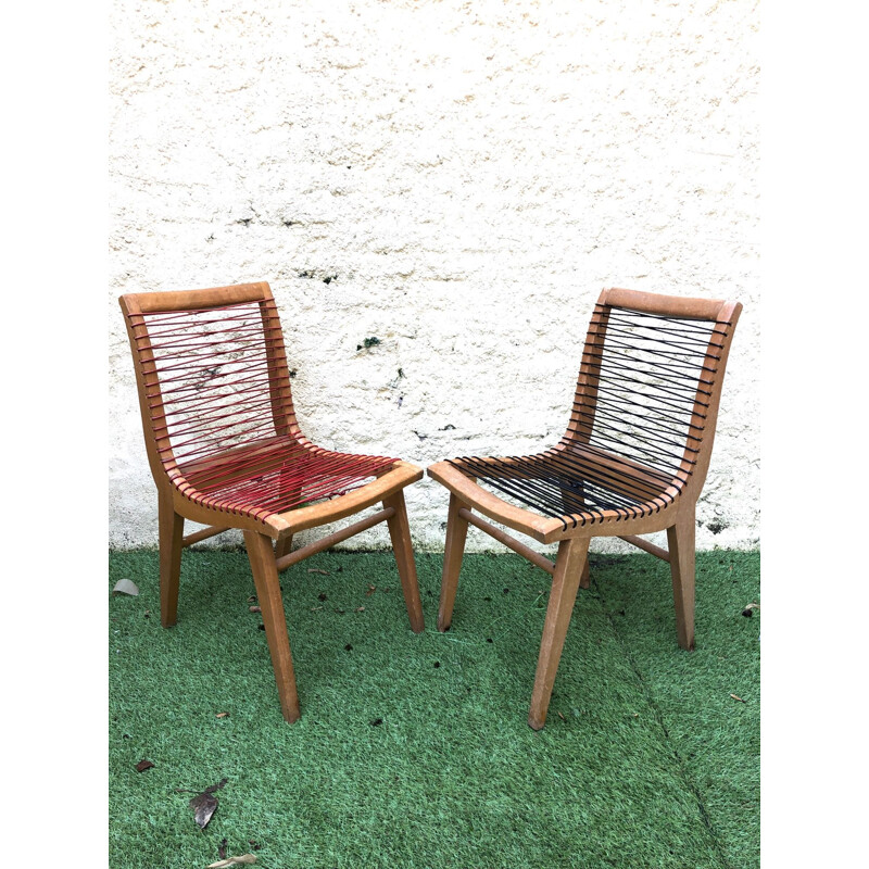 Ensemble de 2 chaises vintage en scoubidou par Louis Sognot, 1950