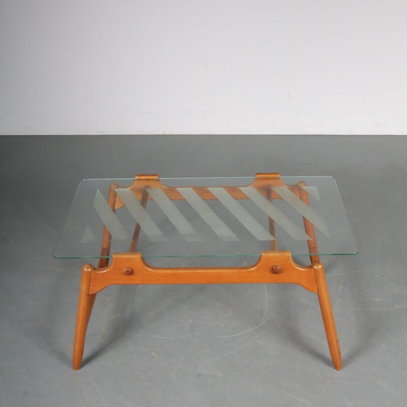 Vintage walnut and glass coffee table, Italy, 1950s