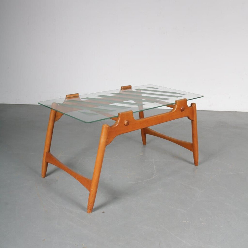 Vintage walnut and glass coffee table, Italy, 1950s