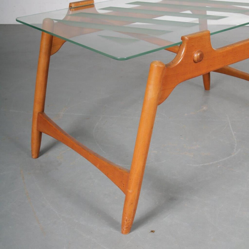 Vintage walnut and glass coffee table, Italy, 1950s