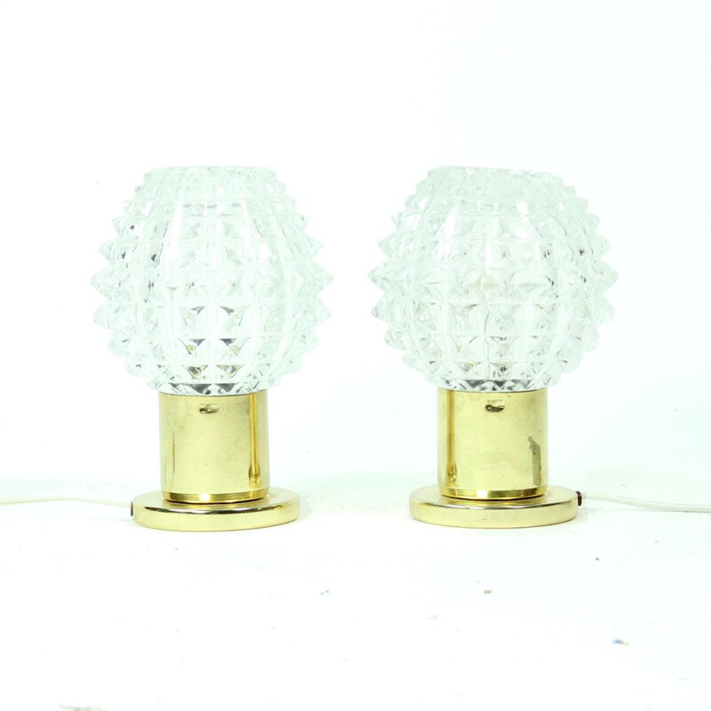 Pair of glass and brass vintage table lamps from Lustry Kamenicky Senov, 1970s