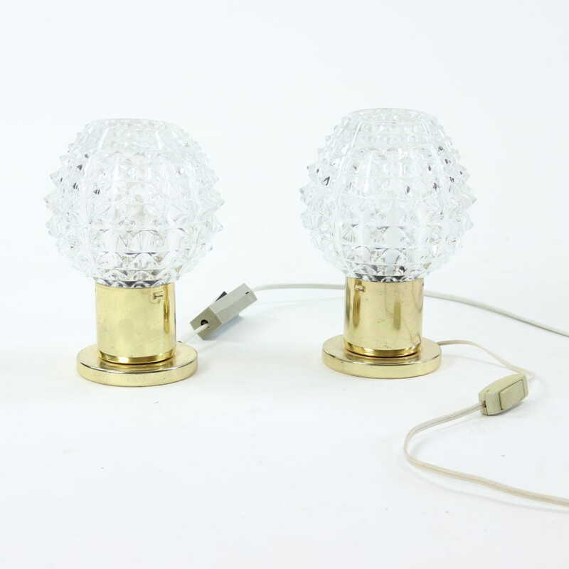 Pair of glass and brass vintage table lamps from Lustry Kamenicky Senov, 1970s