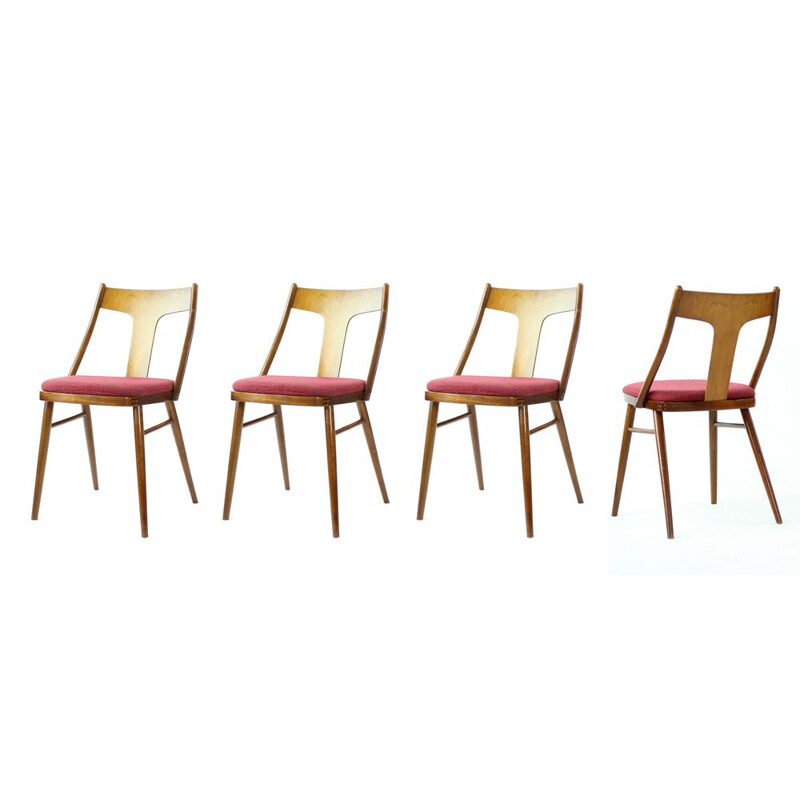 Ensemble de 4 chaises vintage en bois, Tchécoslovaquie 1960