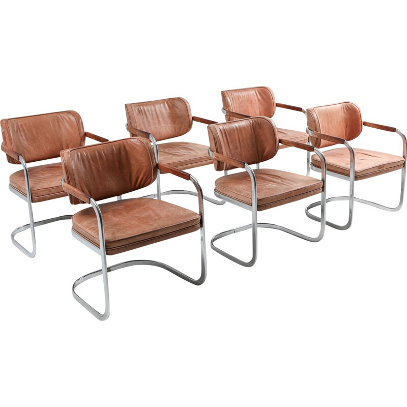 Suite de 6 fauteuils vintage en cuir cognac par Knoll, 1970