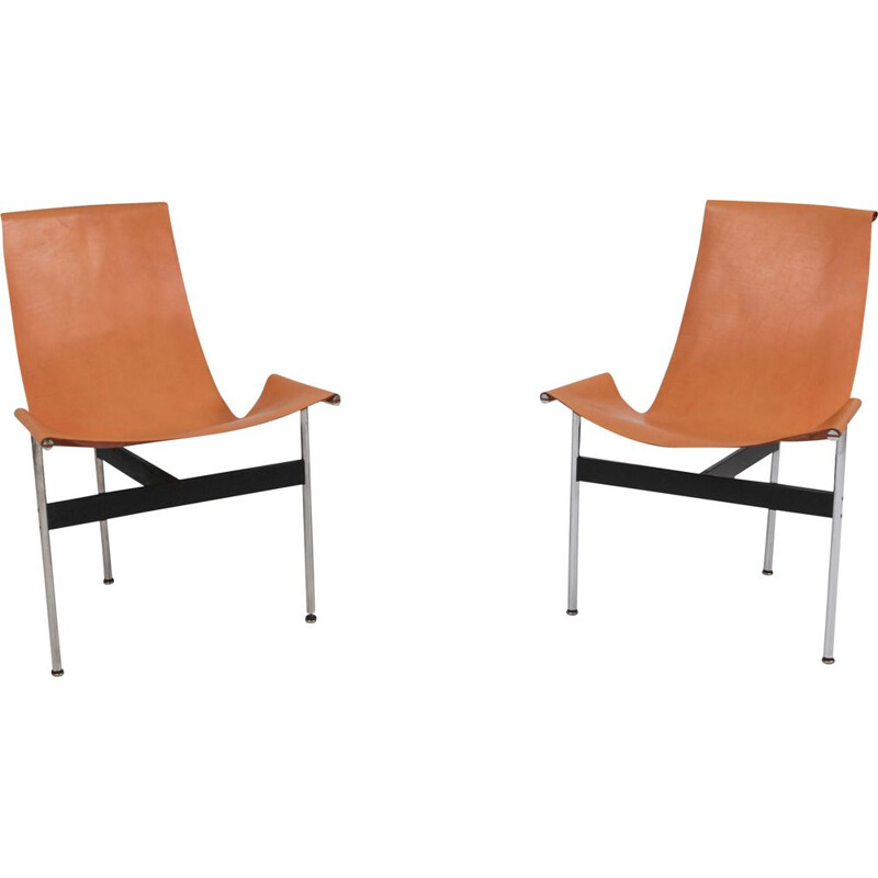 Pair of vintage chairs in chrome steel and cognac leather by Katavolos, Kelley and Littell, Usa 1952