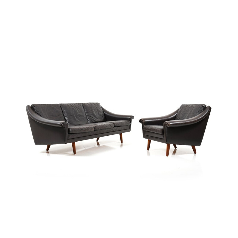 Danish Leather 3-Seater Sofa and Armchair by Aage Christiansen