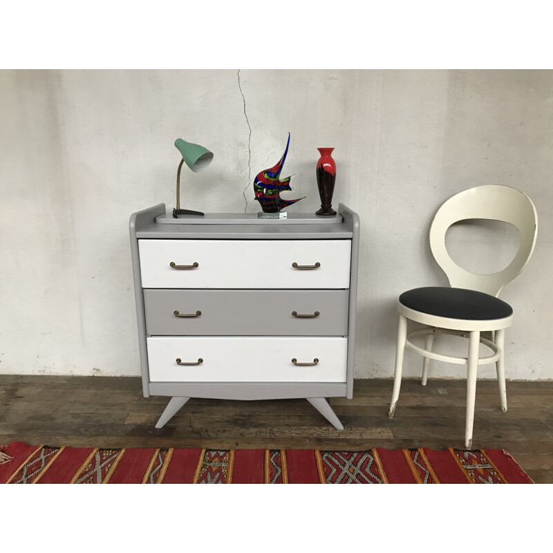 Petite commode vintage pieds compas avec miroir 1955