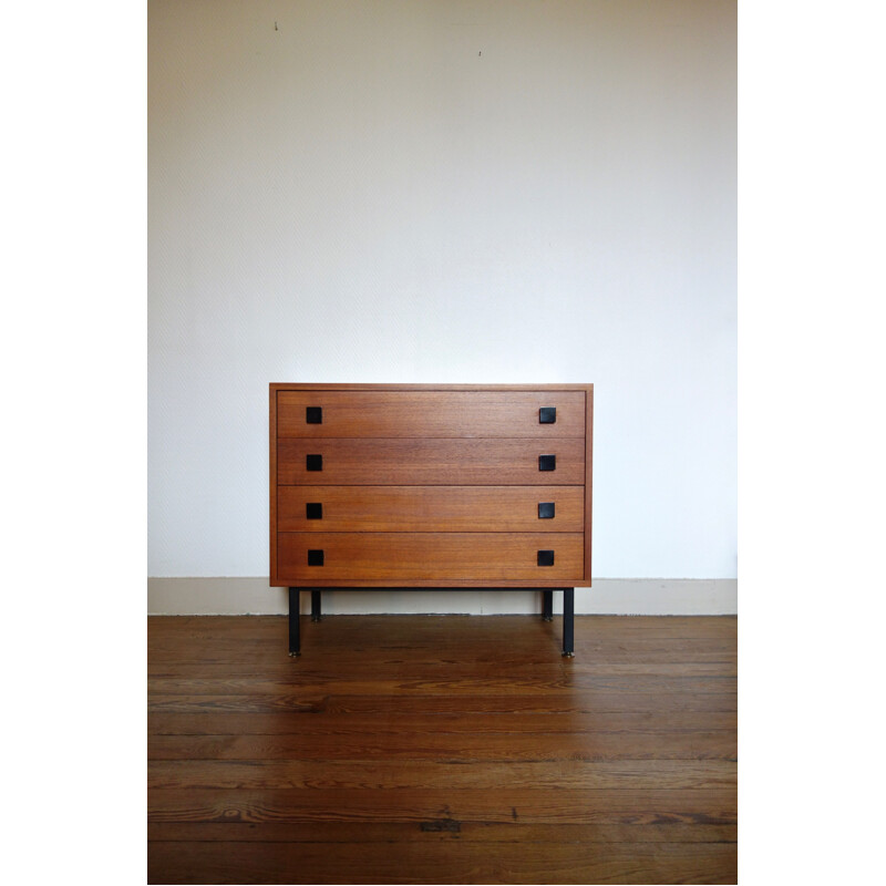 Vintage metal and teak chest of drawers by Philippon & Lecoq, 1950s