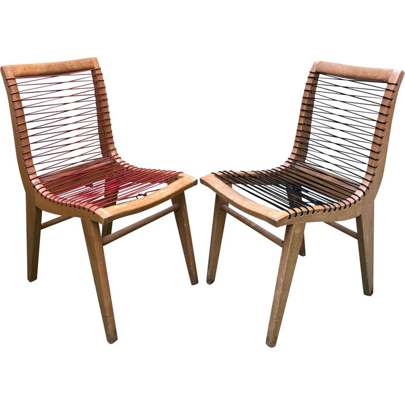 Set of 2 vintage chairs in scoubidou by Louis Sognot, 1950s