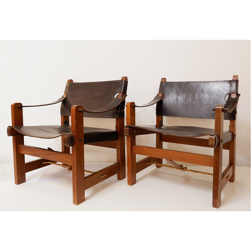 Set of 2 vintage armchairs in wood and brown leather, 1970s