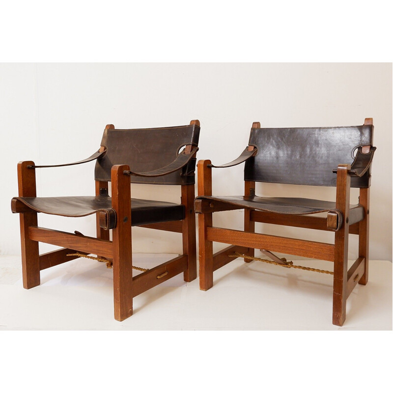 Conjunto de 2 sillones vintage de madera y cuero marrón, 1970