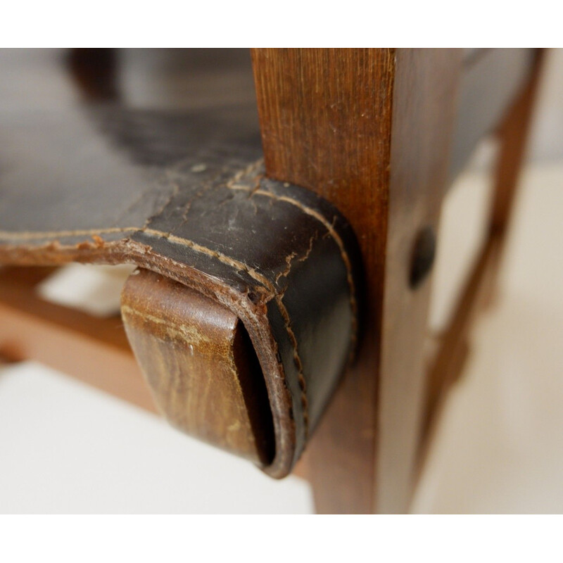 Set of 2 vintage armchairs in wood and brown leather, 1970s