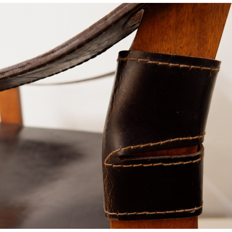 Set of 2 vintage armchairs in wood and brown leather, 1970s