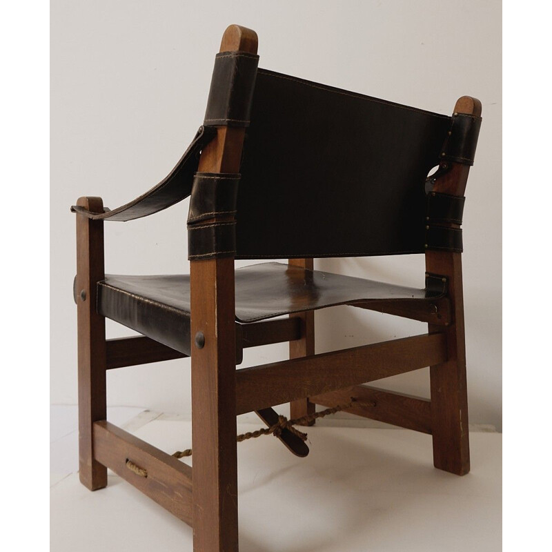 Set of 2 vintage armchairs in wood and brown leather, 1970s