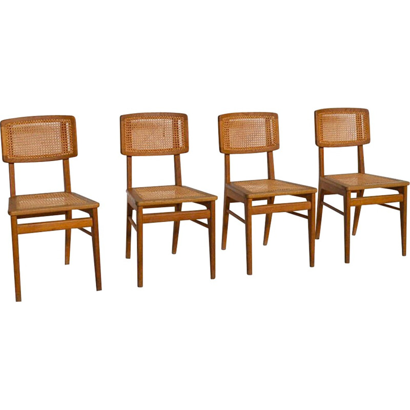 Suite de 4 chaises cannées ACMS, Robert & Jacques PERREAU ACMS - 1950