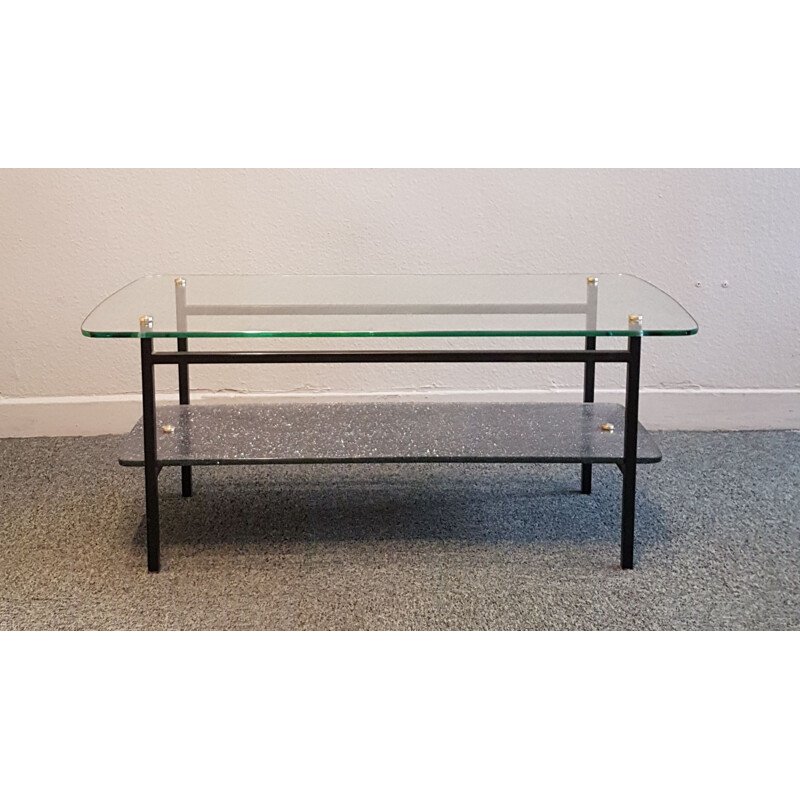 Vintage coffee table in glass and lacquered metal, 1950s