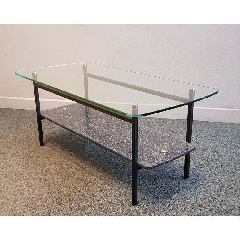 Vintage coffee table in glass and lacquered metal, 1950s