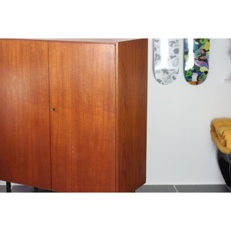 2-door vintage teak cabinet with key, 1950s