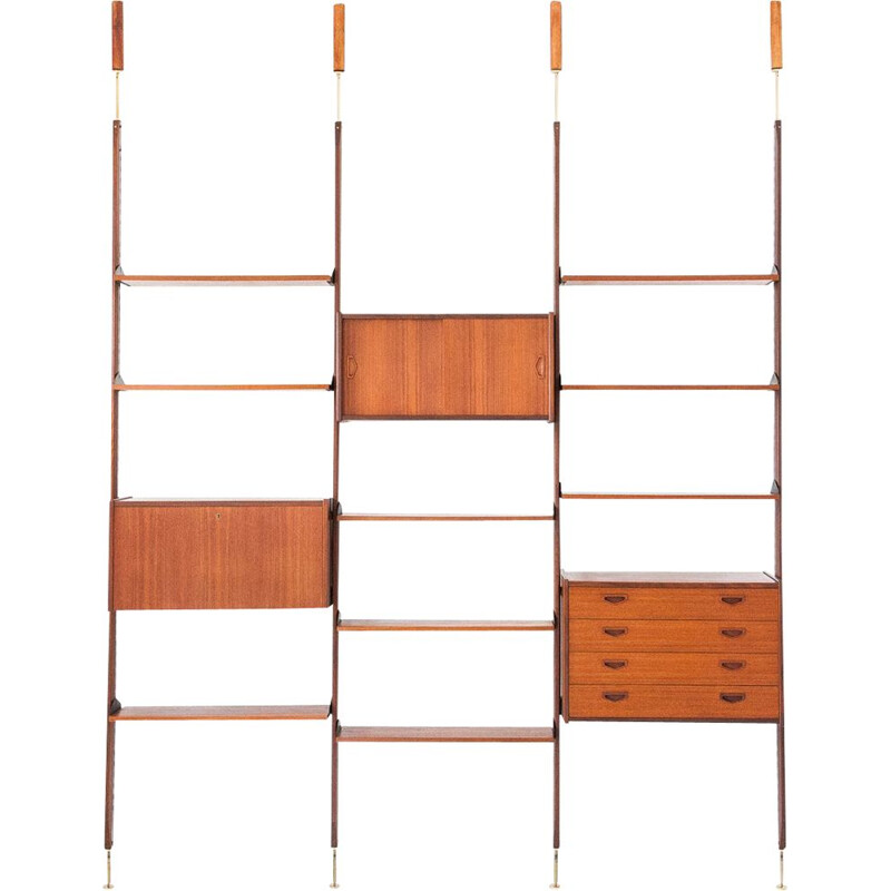 Italian Modern Teak and Brass Wall Unit, 1950s