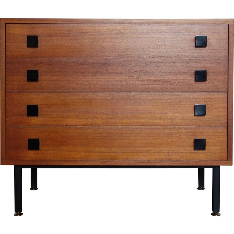 Vintage metal and teak chest of drawers by Philippon & Lecoq, 1950s