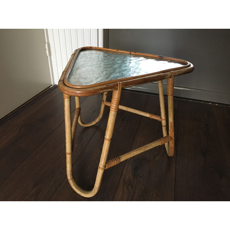 Vintage tafel in rotan en glas van Rohé Noordwolde, jaren 1950