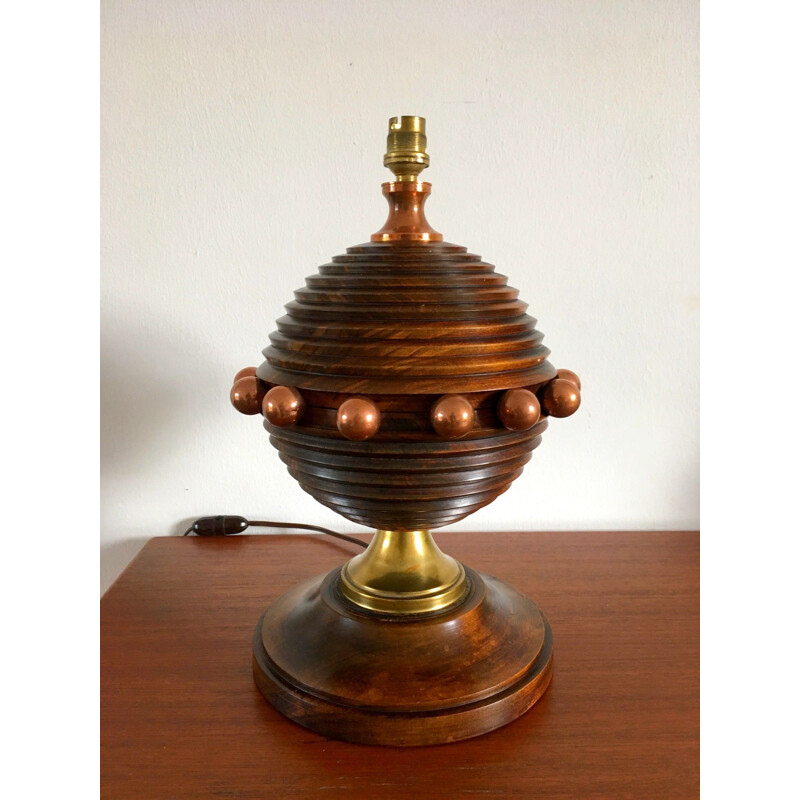 Vintage Art Deco lamp in walnut and copper, 1930
