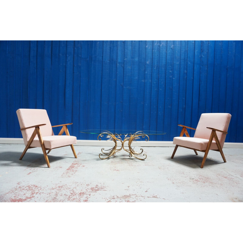 Pair of vintage armchairs in champagne pink velvet, 1960s