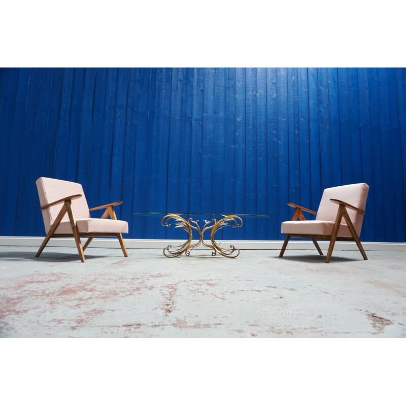 Pair of vintage armchairs in champagne pink velvet, 1960s