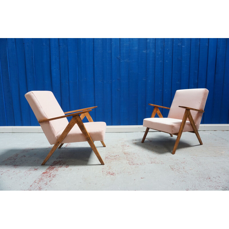 Pair of vintage armchairs in champagne pink velvet, 1960s