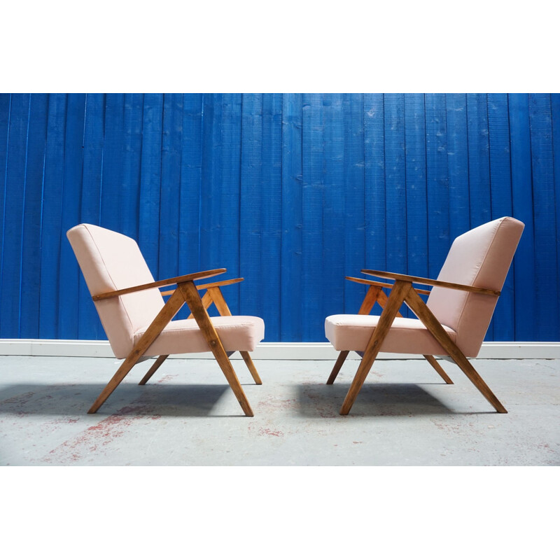 Pair of vintage armchairs in champagne pink velvet, 1960s