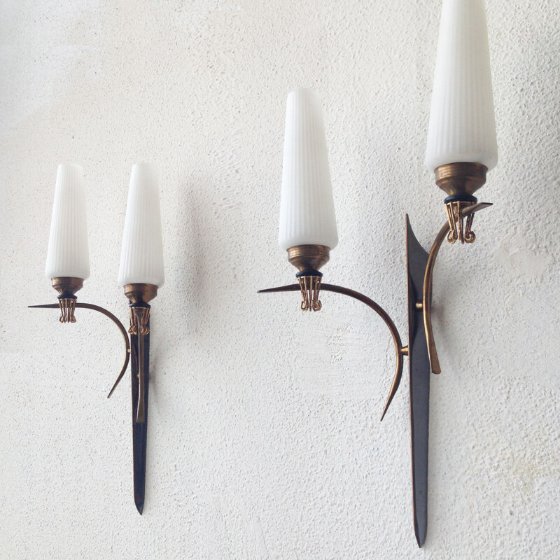 Pair of Arlus brass and glass wall lamps, 1950s