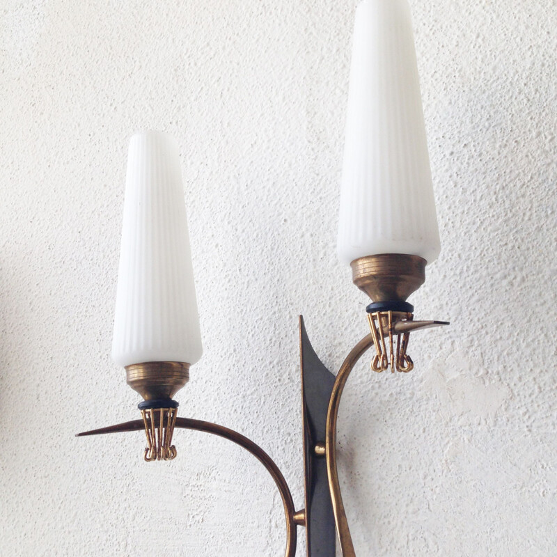 Pair of Arlus brass and glass wall lamps, 1950s