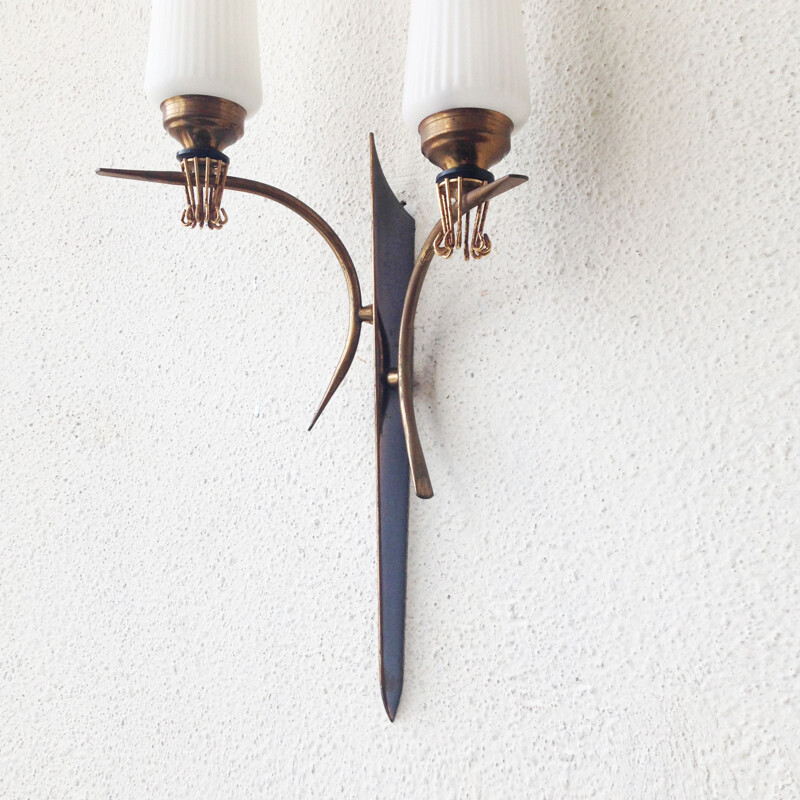 Pair of Arlus brass and glass wall lamps, 1950s