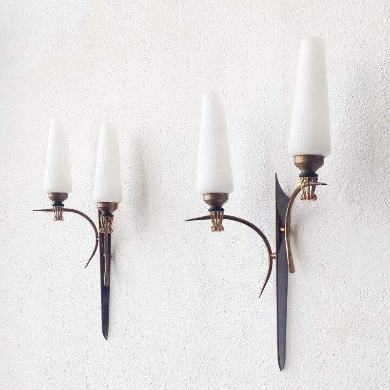 Pair of Arlus brass and glass wall lamps, 1950s