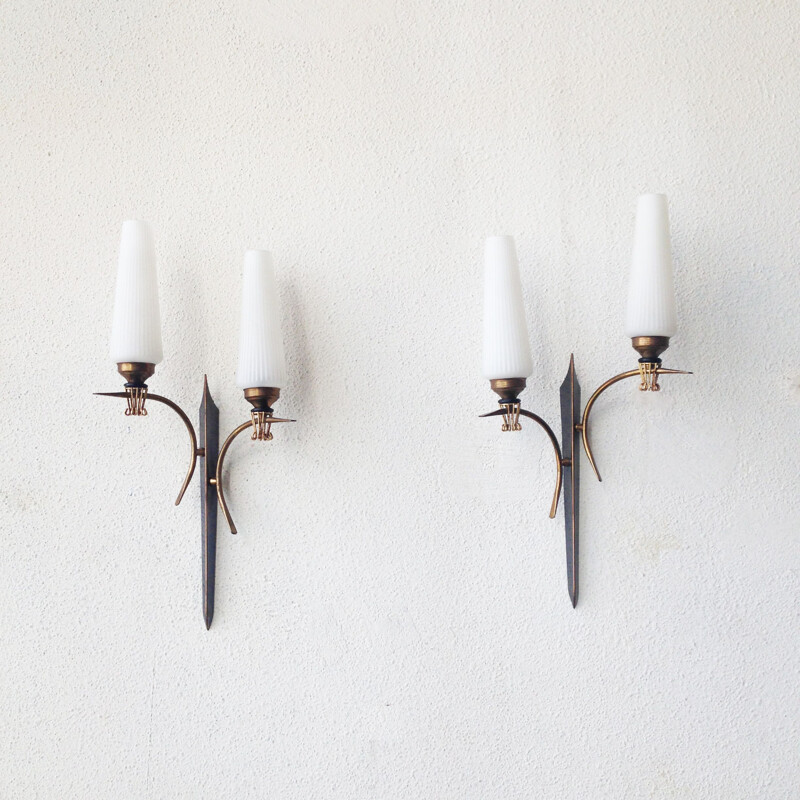 Pair of Arlus brass and glass wall lamps, 1950s