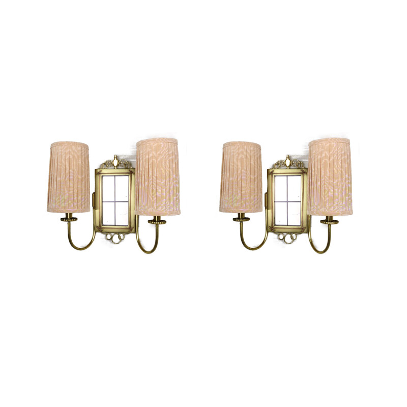 Pair of Brass Wall Lights with Fabric Shades, 1930s