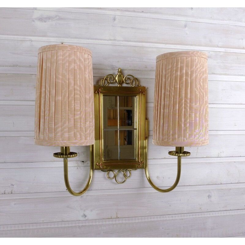 Pair of Brass Wall Lights with Fabric Shades, 1930s