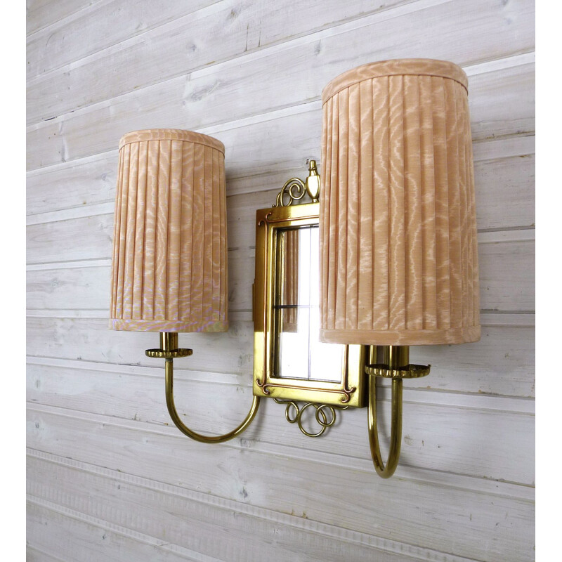 Pair of Brass Wall Lights with Fabric Shades, 1930s