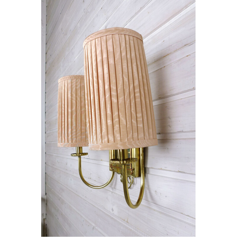 Pair of Brass Wall Lights with Fabric Shades, 1930s