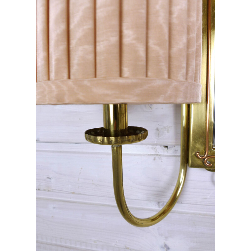 Pair of Brass Wall Lights with Fabric Shades, 1930s