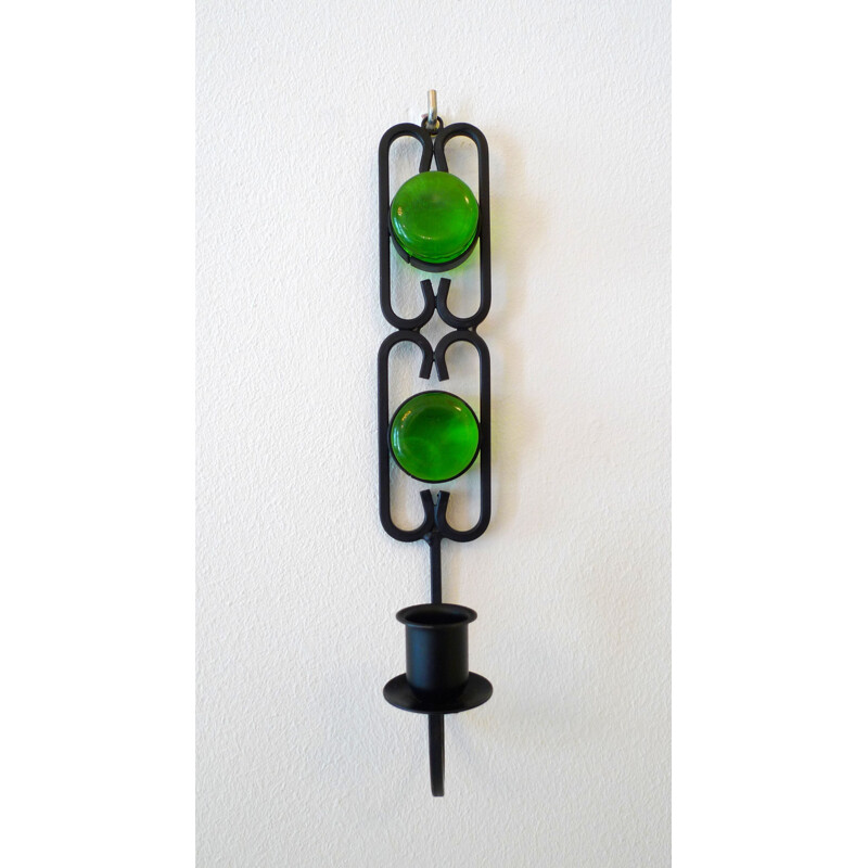 Vintage candlestick in green glass and black lacquered metal by Erik Hoglund for Boda, Sweden 1960