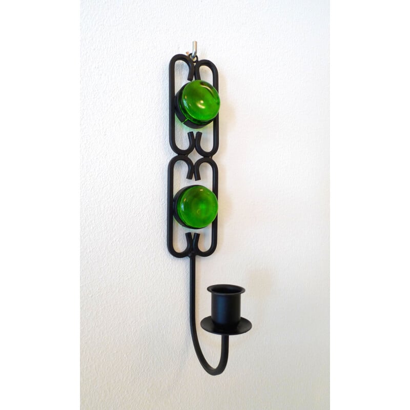 Vintage candlestick in green glass and black lacquered metal by Erik Hoglund for Boda, Sweden 1960