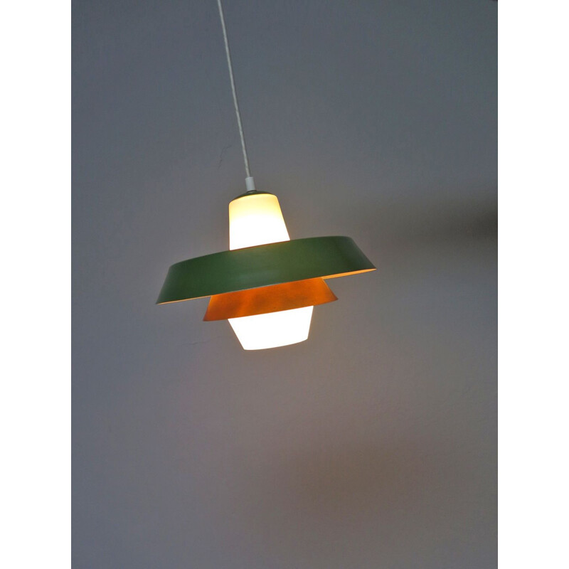 Vintage opaline and aluminium pendant lamp, 1950s