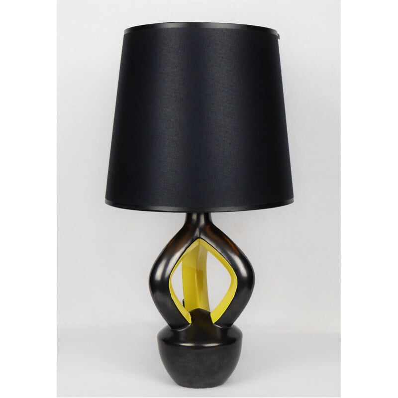 Lampe vintage en céramique noire et jaune, Vallauris, 1950