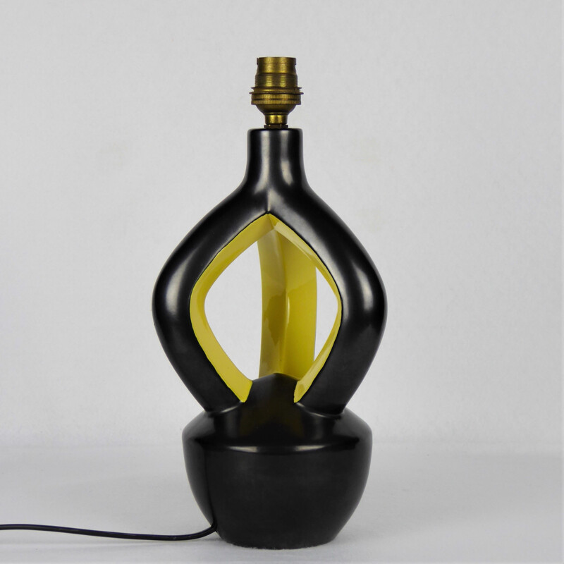 Vintage black and yellow ceramic lamp, Vallauris, 1950s