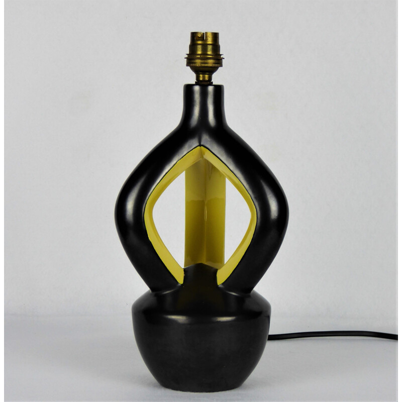 Lampe vintage en céramique noire et jaune, Vallauris, 1950