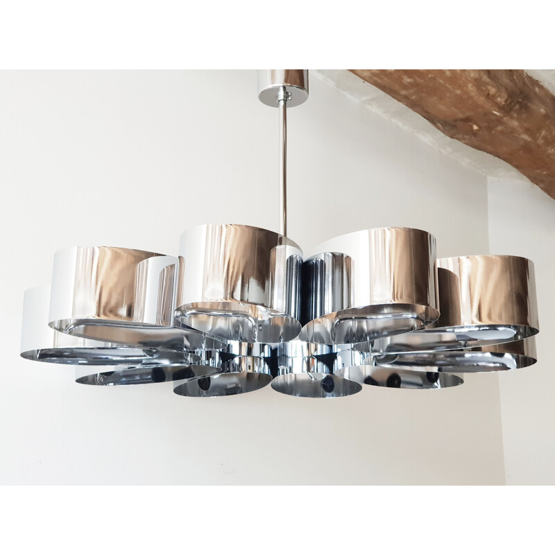 Vintage silver steel chandelier, 1970s