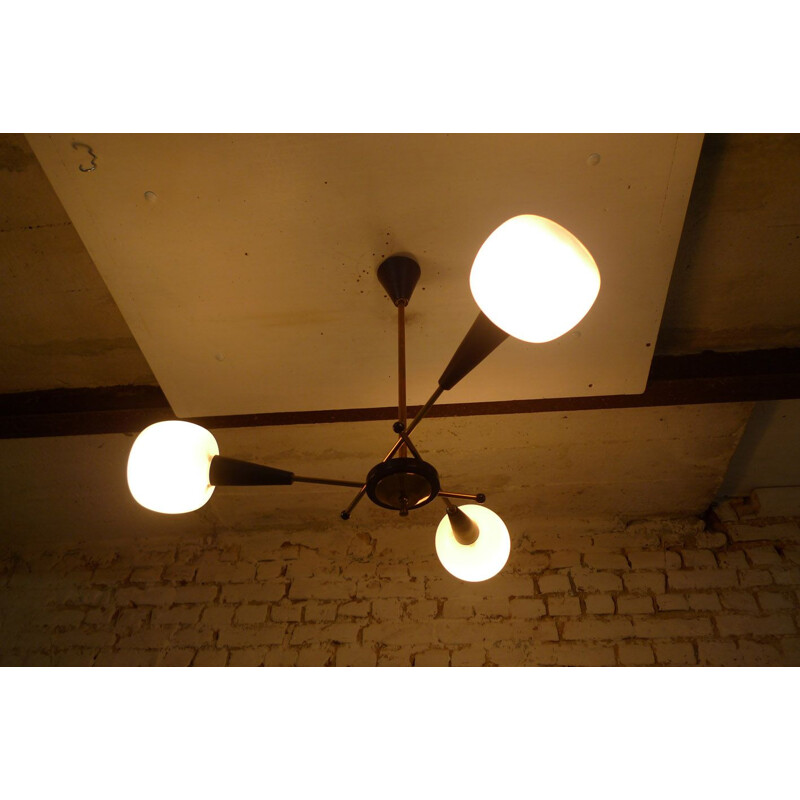 Vintage chandelier in brass, lacquered metal and glass, 1950s